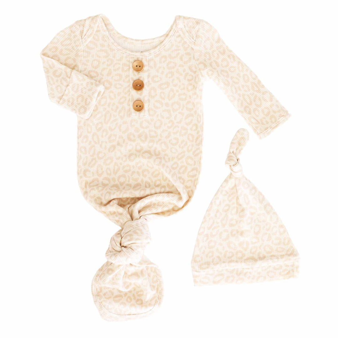 neutral leopard bamboo viscose knot gown and hat set for newborn girls