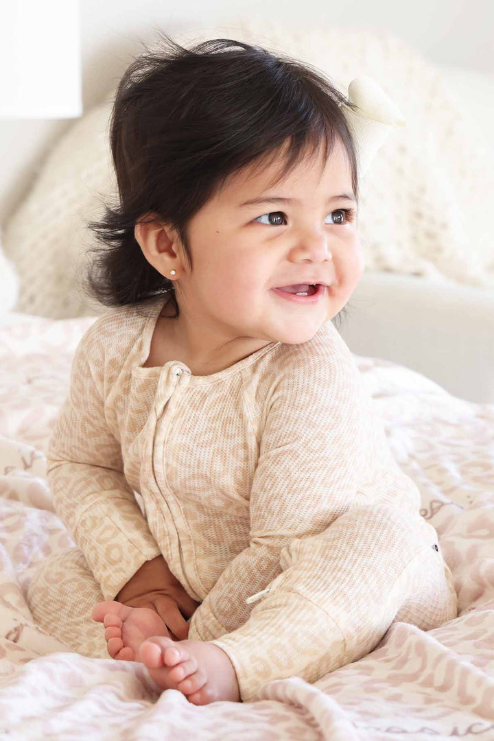 tan leopard bamboo viscose pajama romper for girls