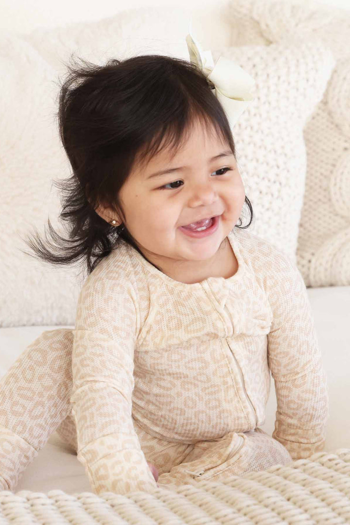 tan leopard bamboo viscose convertible zip romper pajama for babies and toddlers