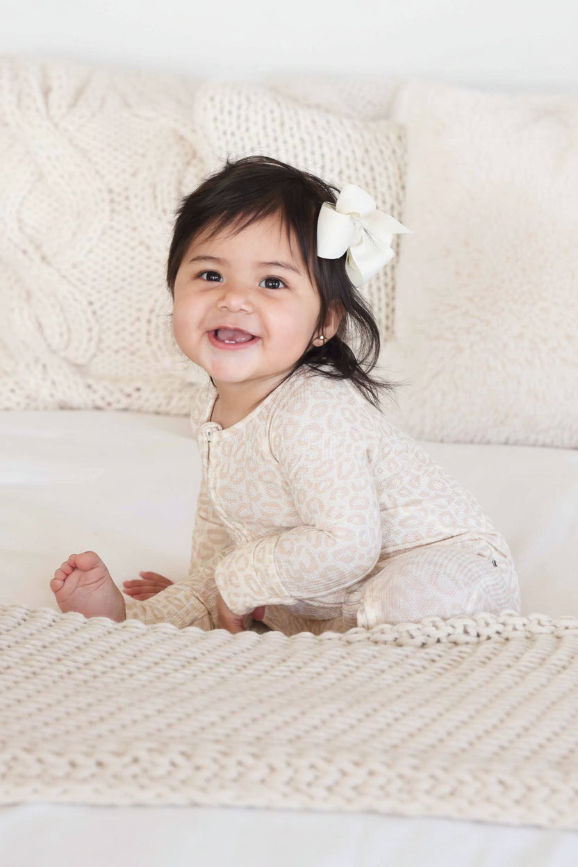 convertible zip romper pajama for baby girls tan leopard