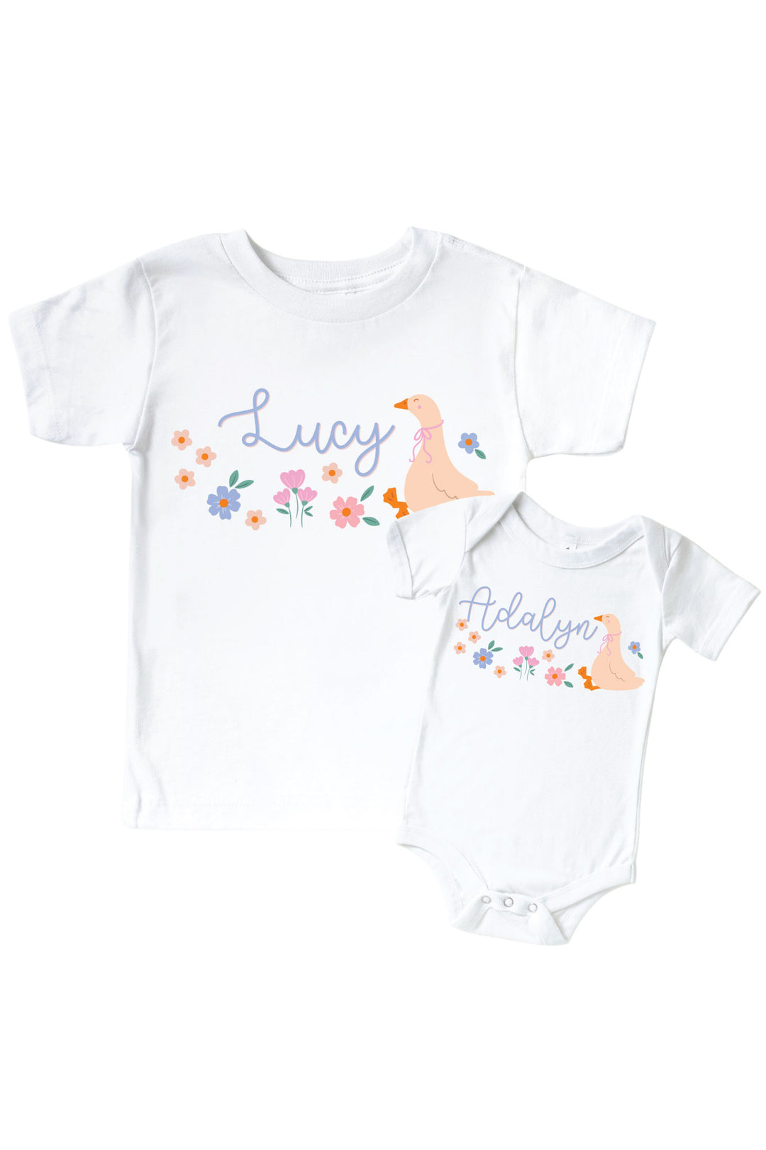 White kids tee and baby bodysuit with personalized Lucy Goosy goose and floral graphic design, showing both size options in the personalized name style on a white background