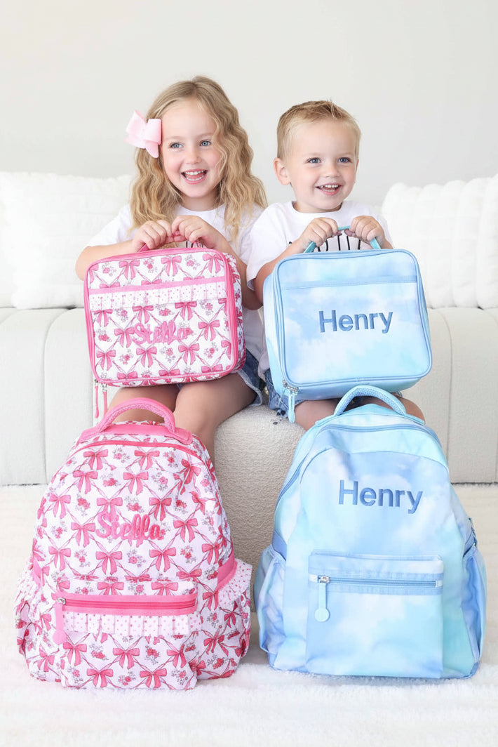 matching embroidered backpack and lunchboxes for kids back to school