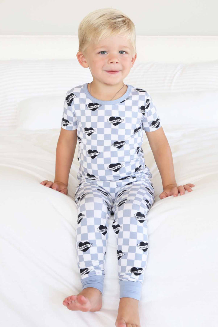dusty blue and white checkered two piece pajama set for boys with black hearts