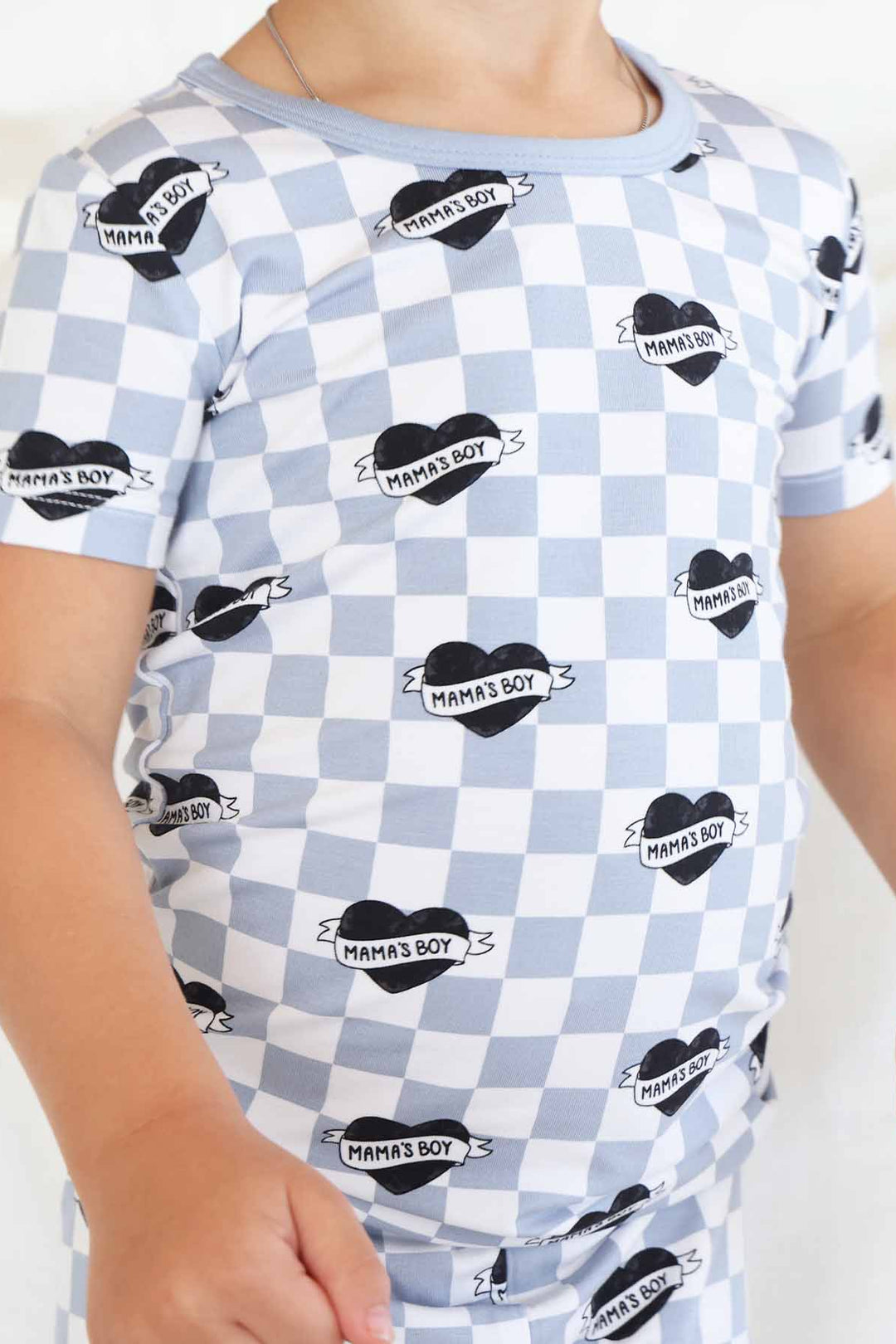 boy's matching pajama set with mom
