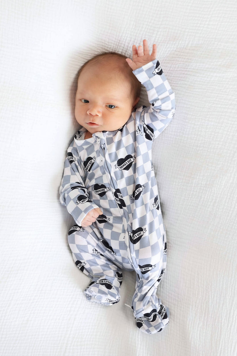 dusty blue and white check with black hearts 