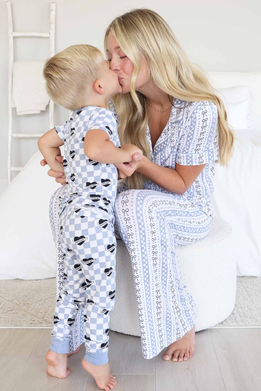 mommy and son matching pajamas with bows and hearts 
