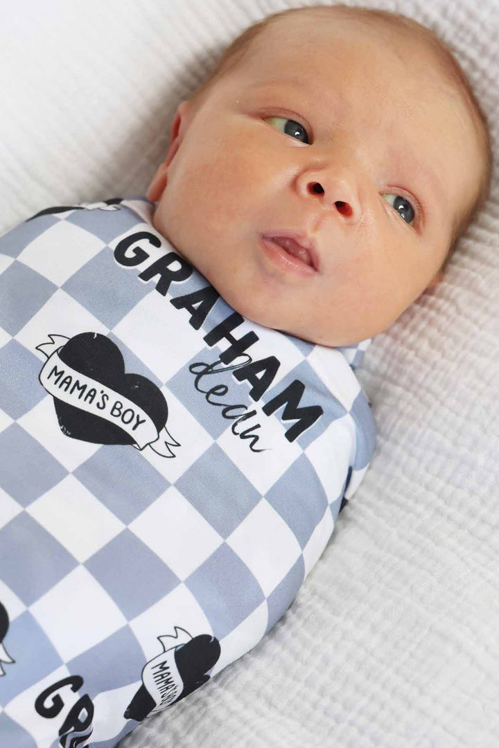 dusty blue and white with black heart personalized mama's boy swaddle blanket 