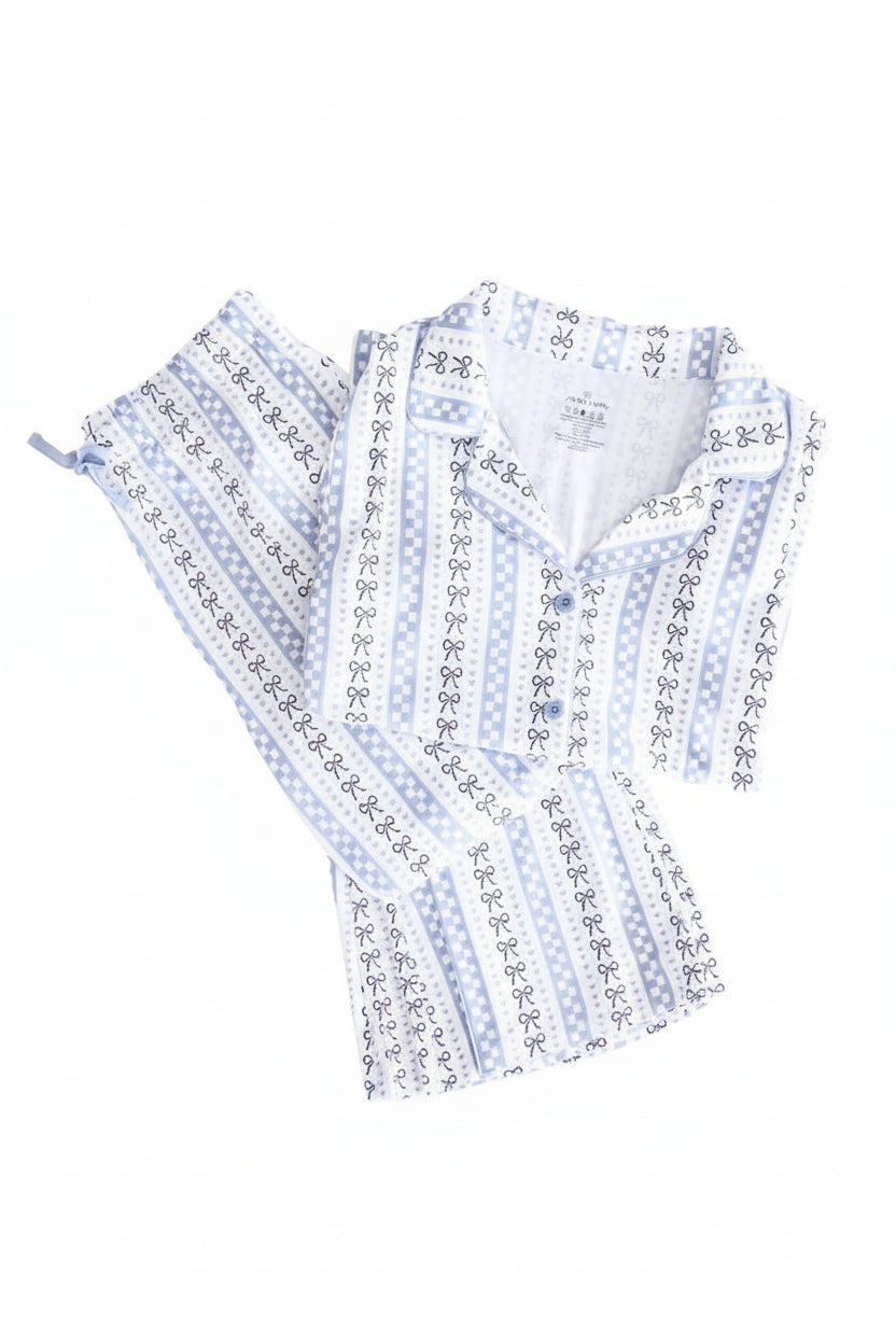blue, white and black bow and checkered women's lounge set