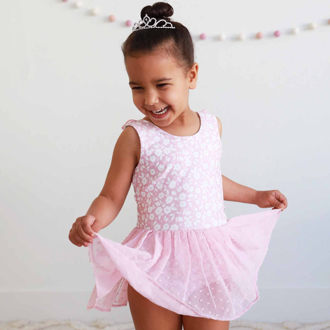 mauve pink floral print ballet leotards with ballerina tutus for little girls