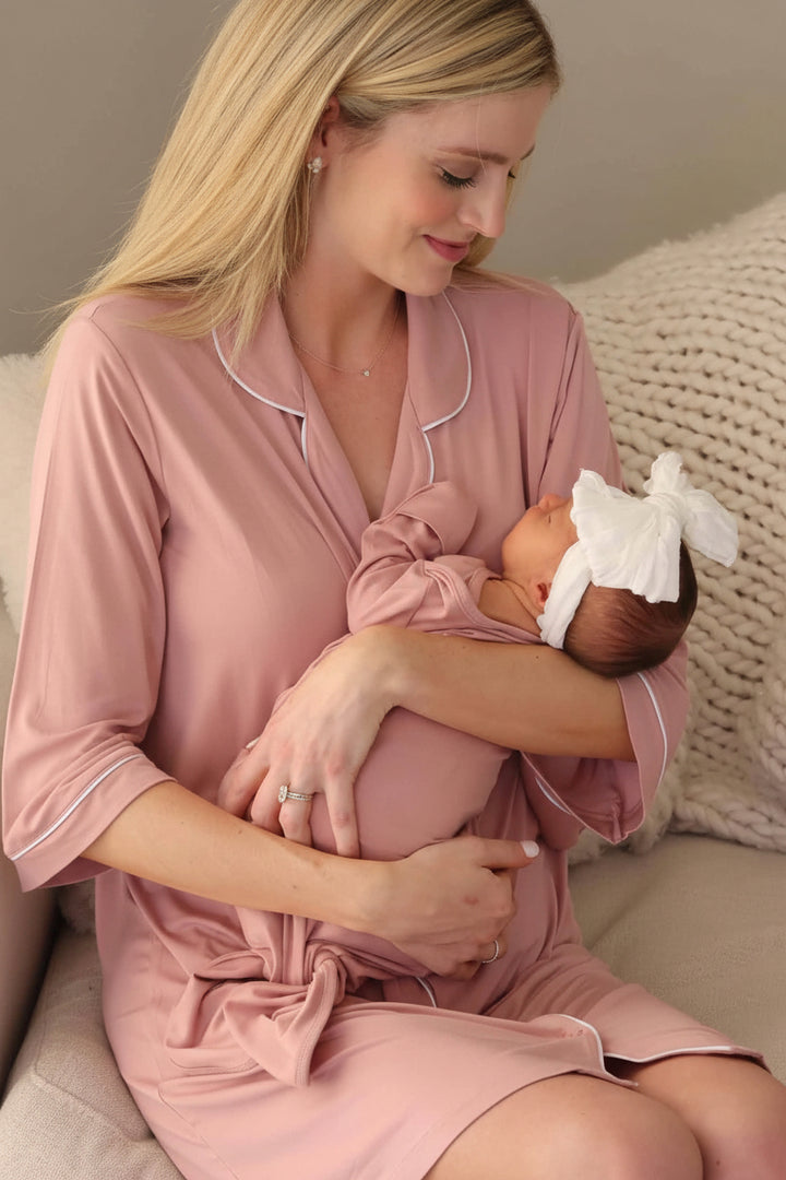 mauve pink mid length sleeve button up hopistal gown for moms