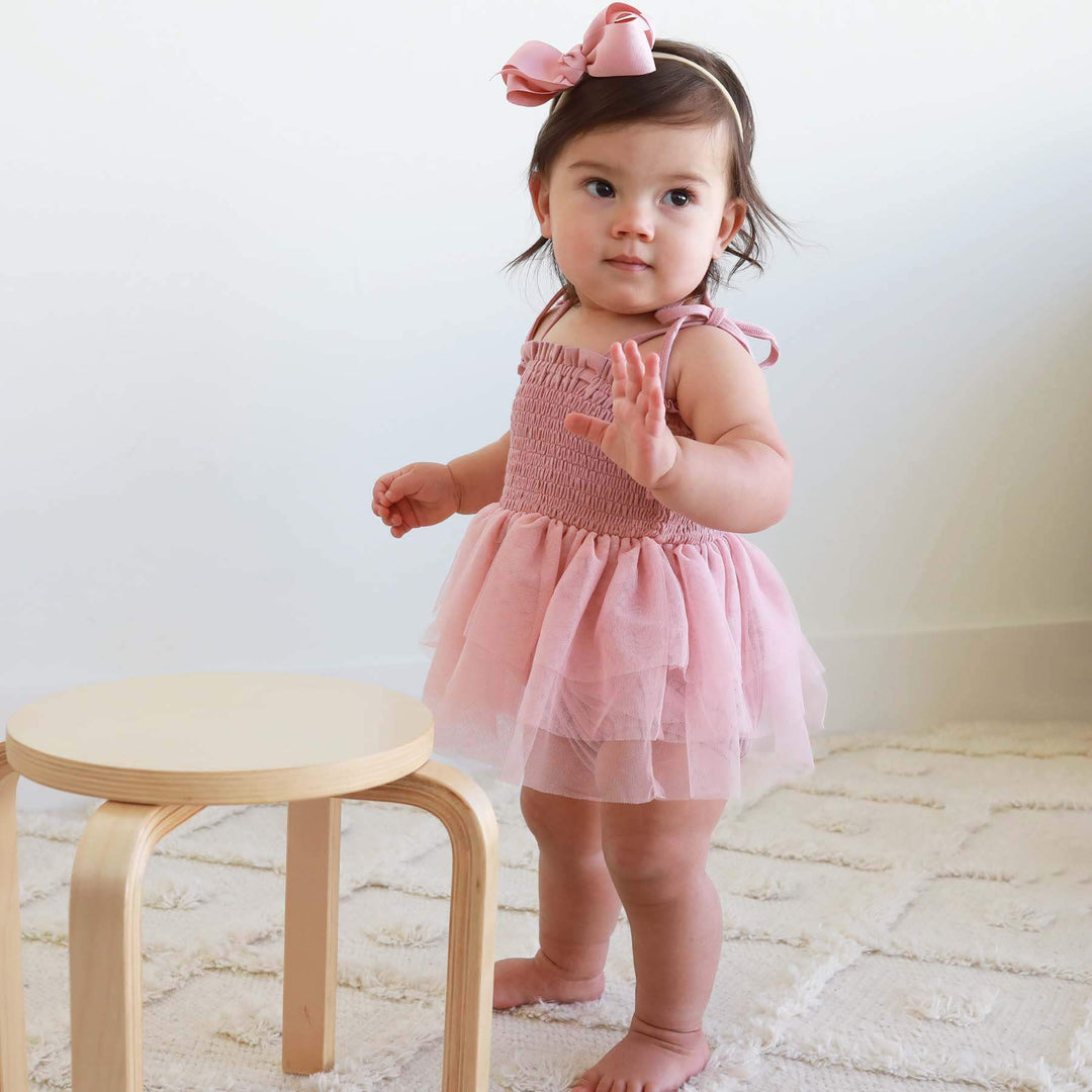 mauve tutu bodysuit for babies smocked 