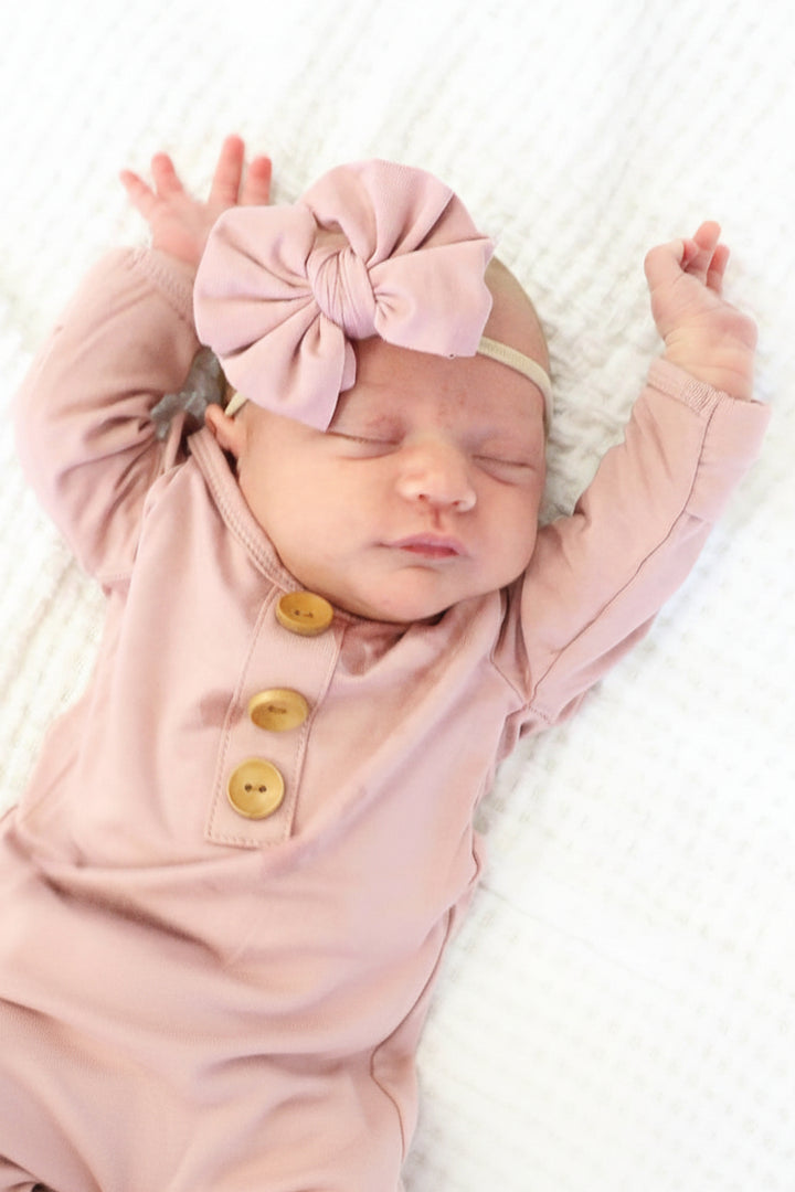 baby knot gown and hat mauve