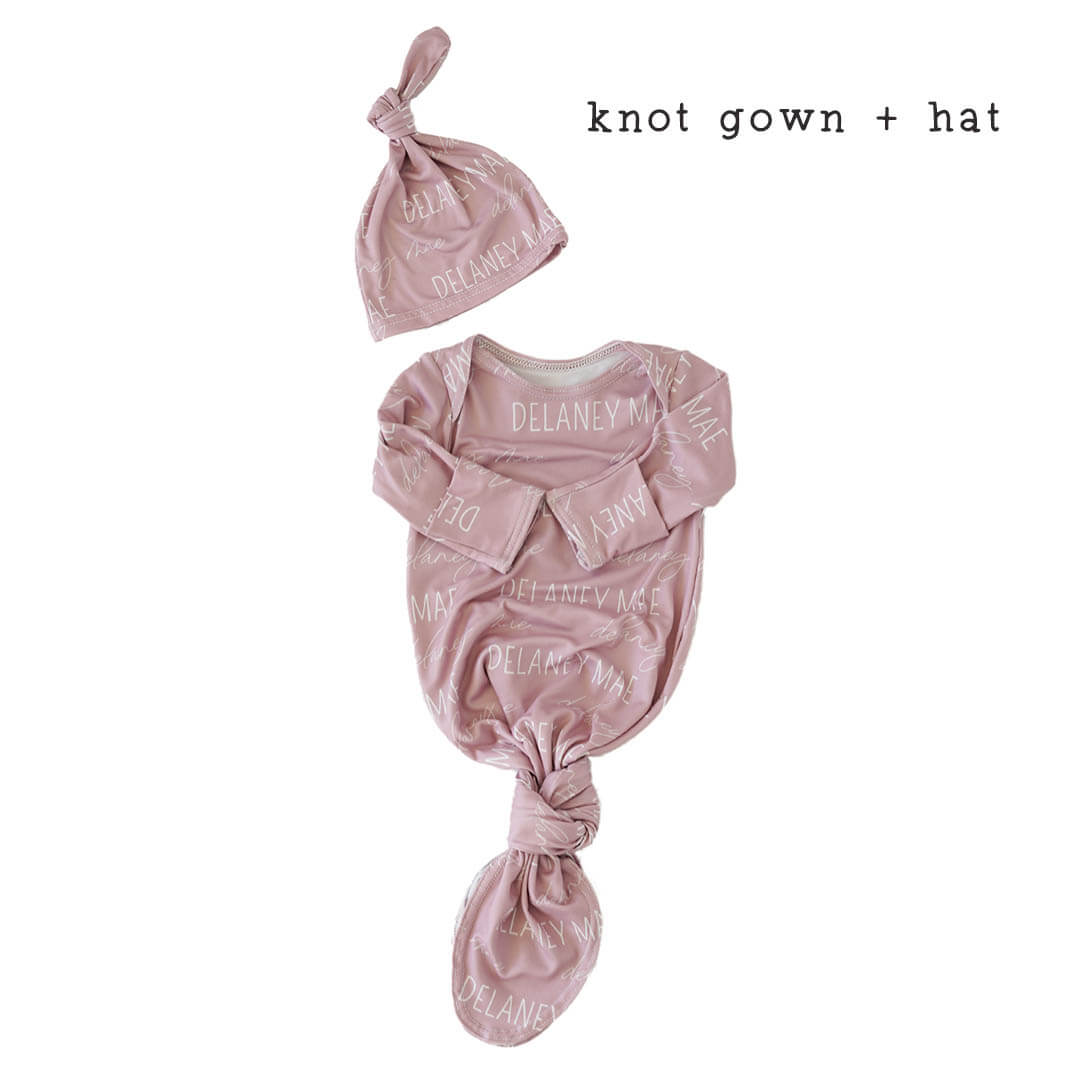 mauve personalized knot gown with hat 