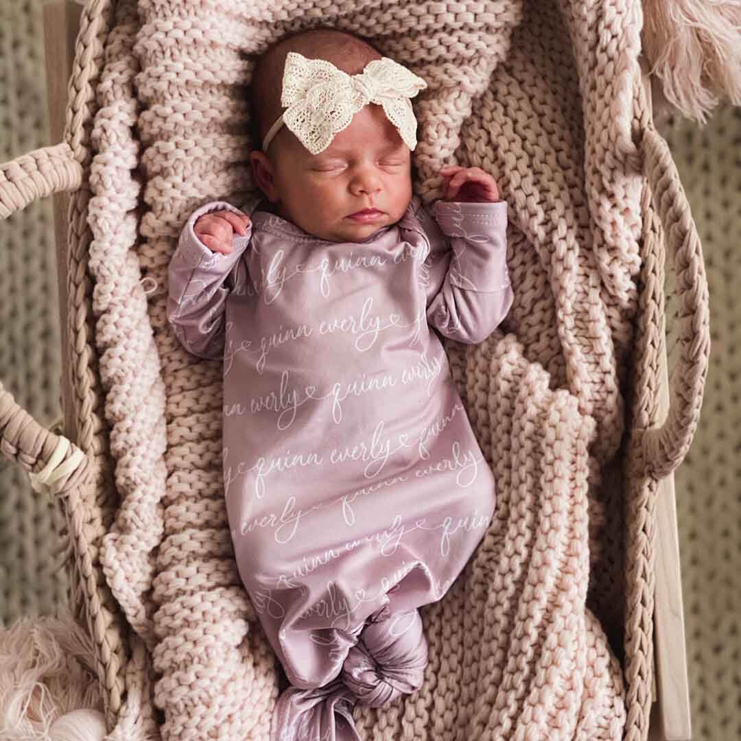 heart script mauve personalized knot gown for newborn