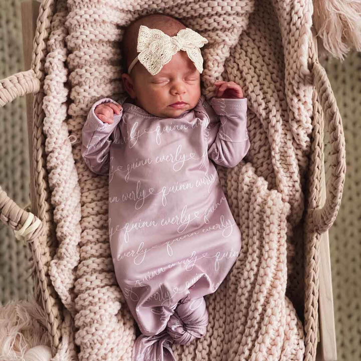 heart script mauve personalized knot gown for newborn