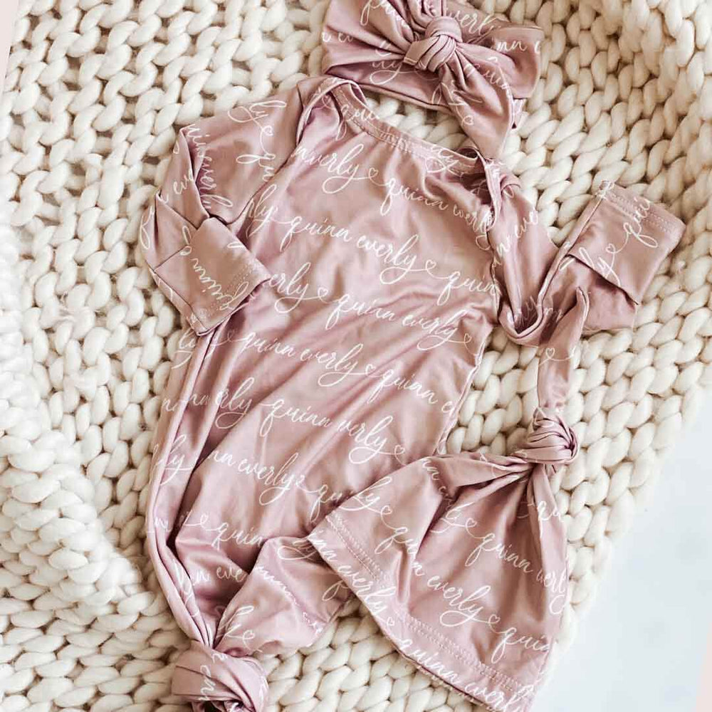 solid mauve heart script personalized knotted gown