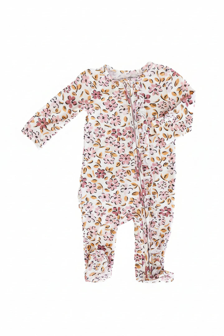 mauvelous meadow baby zipper footie ruffled