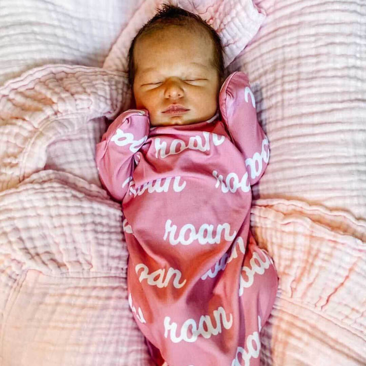 mauve personalized newborn knot gown