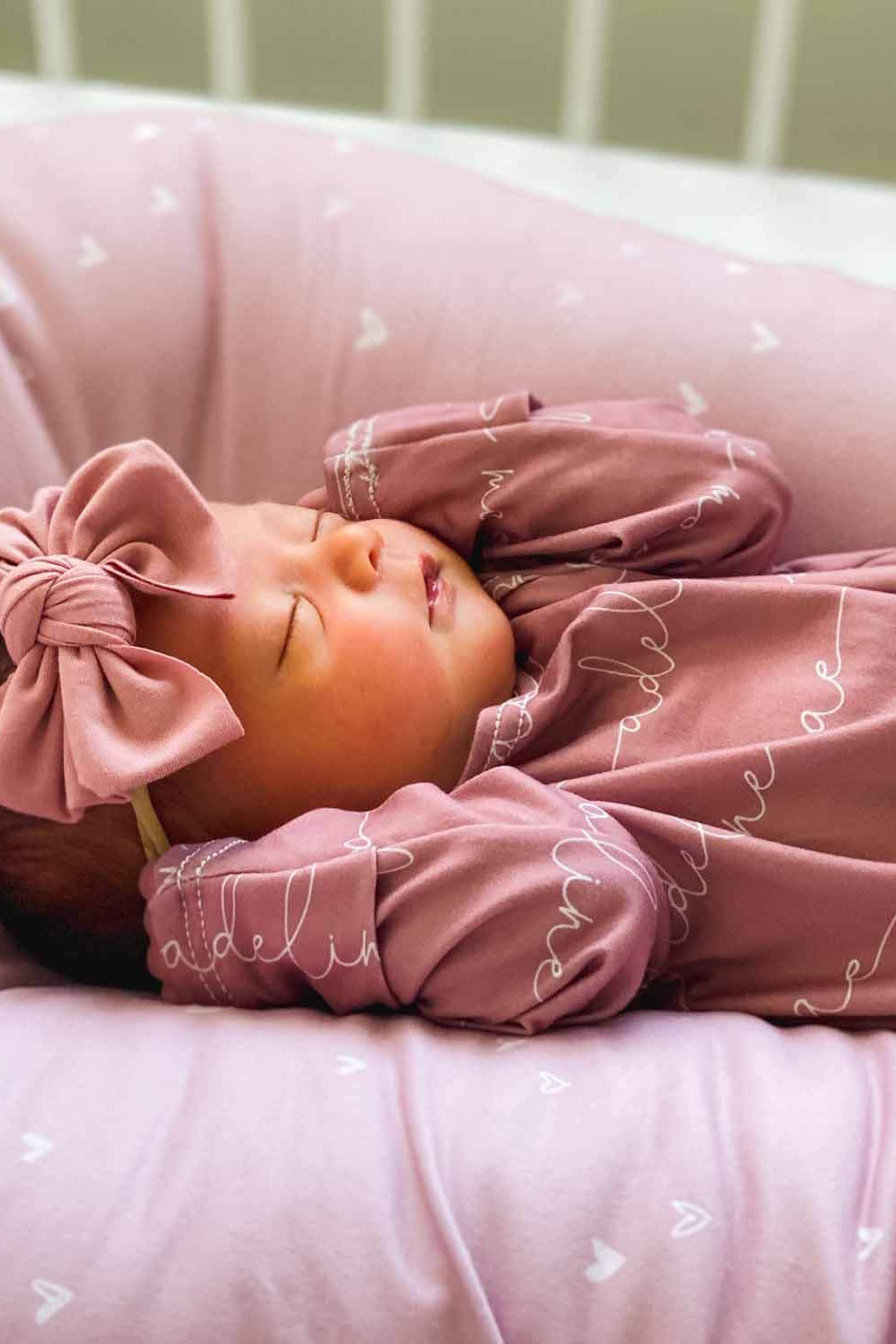 light dusty rose personalized knot gown for newborns 