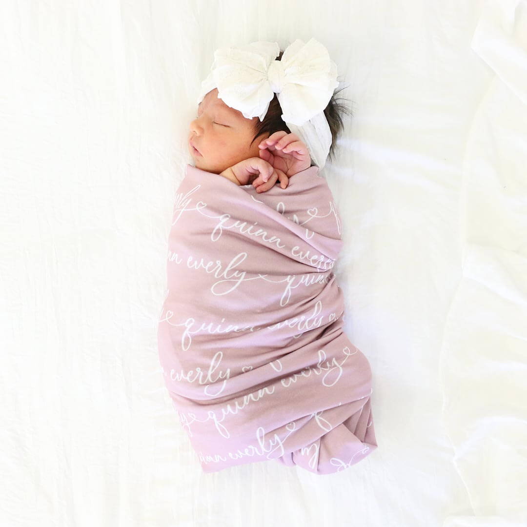 mauve heart script newborn swaddle blanket personalized 