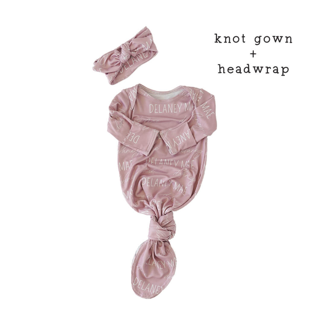mauve personalized knot gown with headwrap