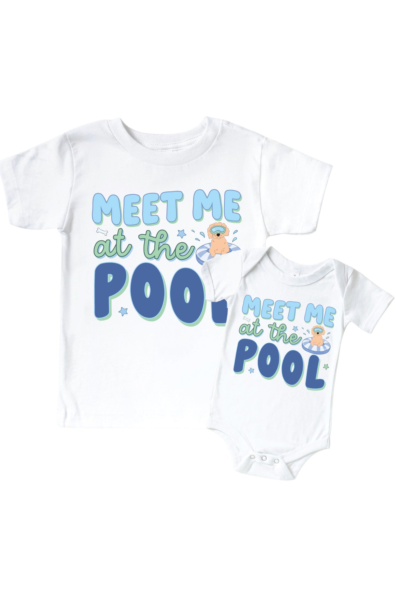 Pool Time Blue Graphic Bodysuit & Kids Tee | White
