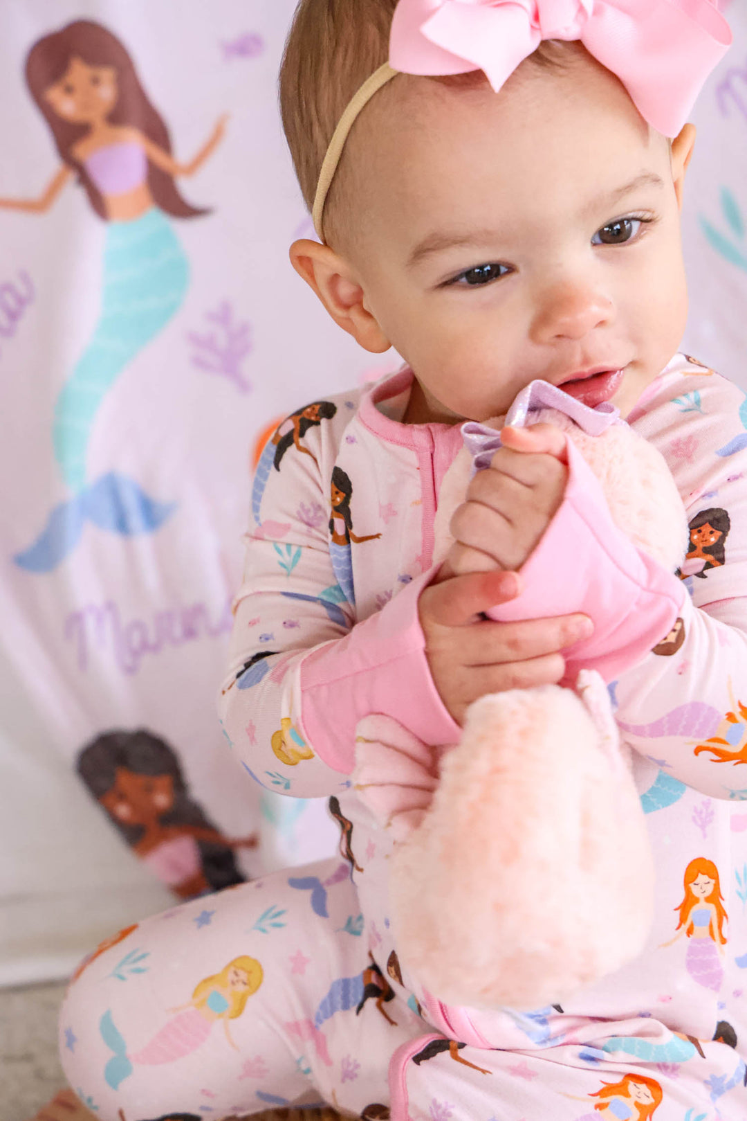 let's be mermaids bamboo zip romper lifestyle photo, baby summer outfit