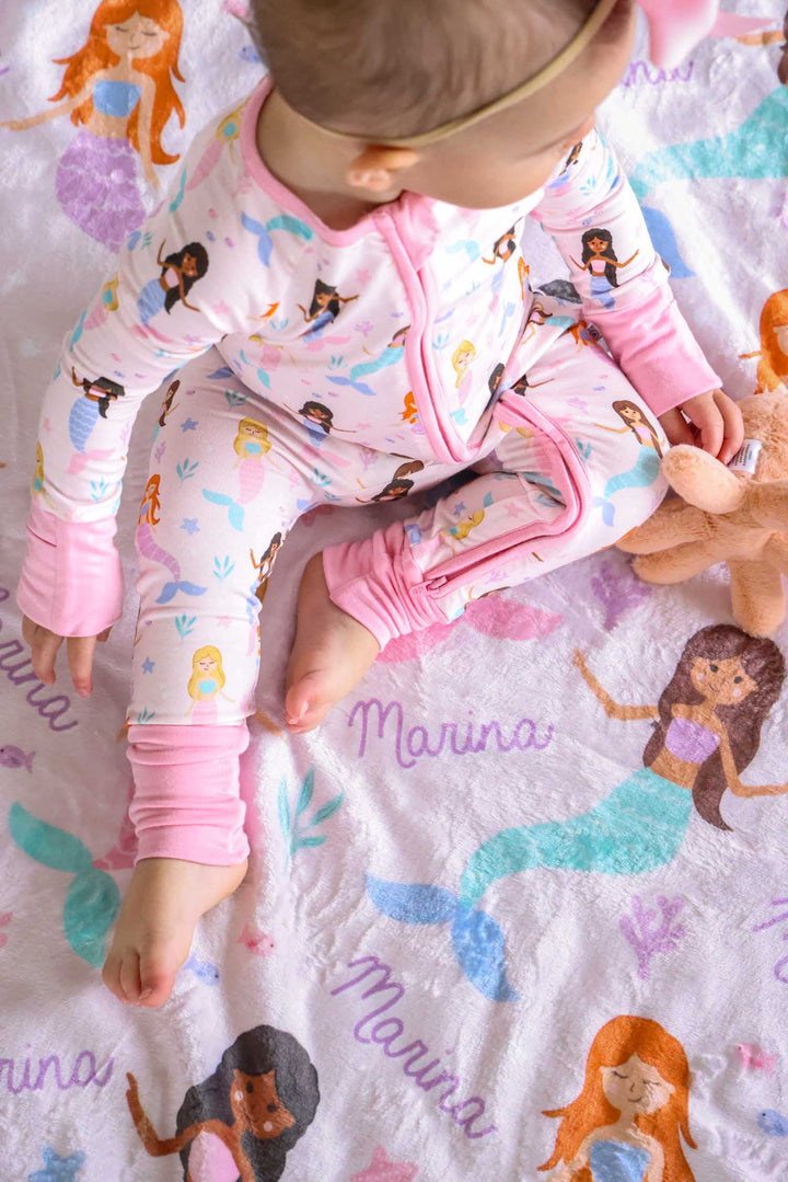 close-up of mermaid print on personalized kids blanket