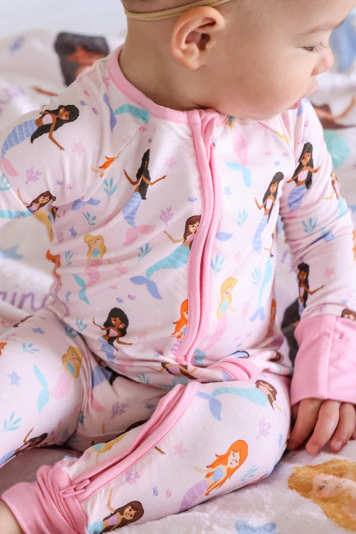 baby in let's be mermaids convertible bamboo zip romper, lifestyle