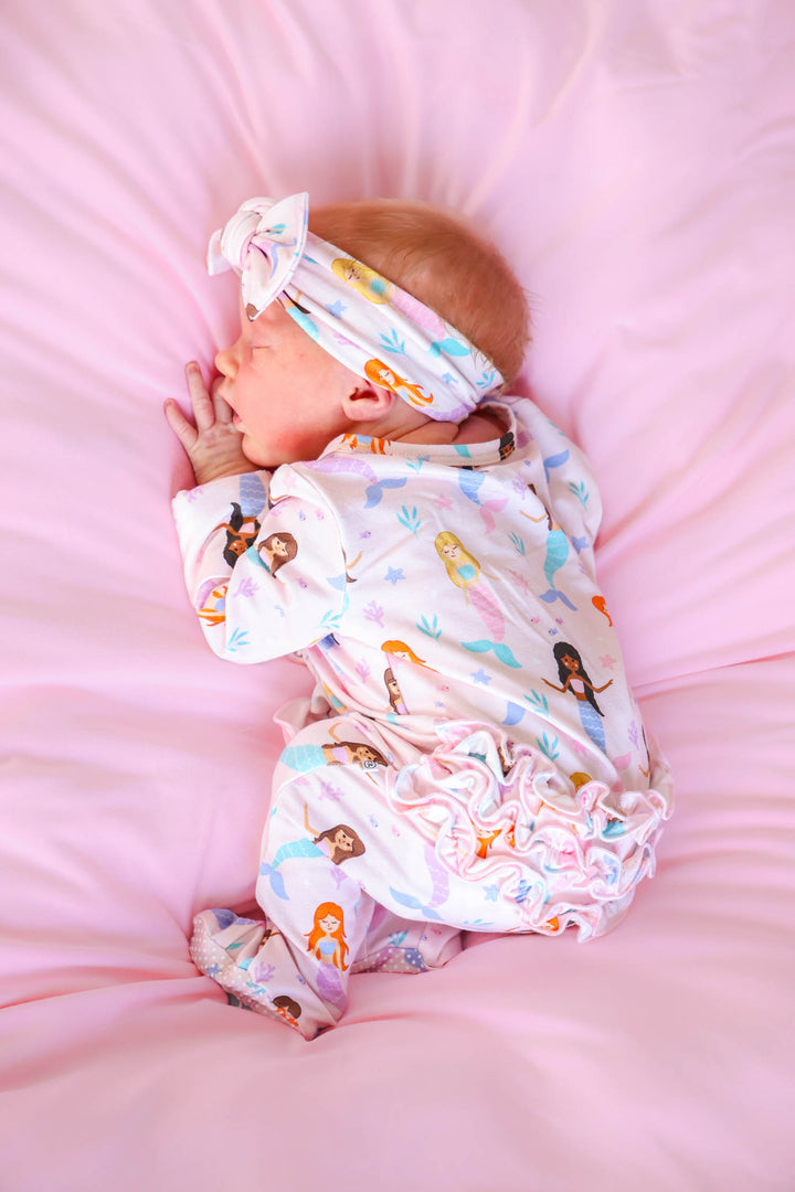 let's be mermaids headwrap on baby girl, summer mermaid accessories