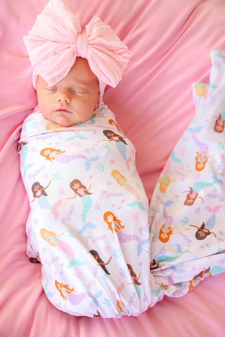 personalized let's be mermaids swaddle blanket for newborns with mermaid print