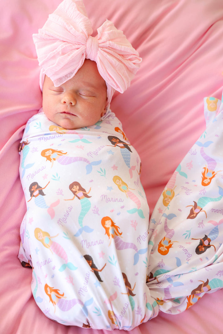 let's be mermaids custom name swaddle blanket, mermaid summer baby gift