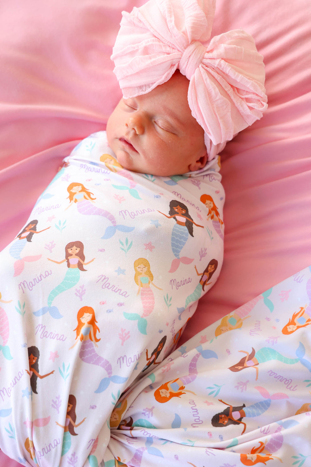 baby wrapped in personalized let's be mermaids swaddle blanket, lifestyle
