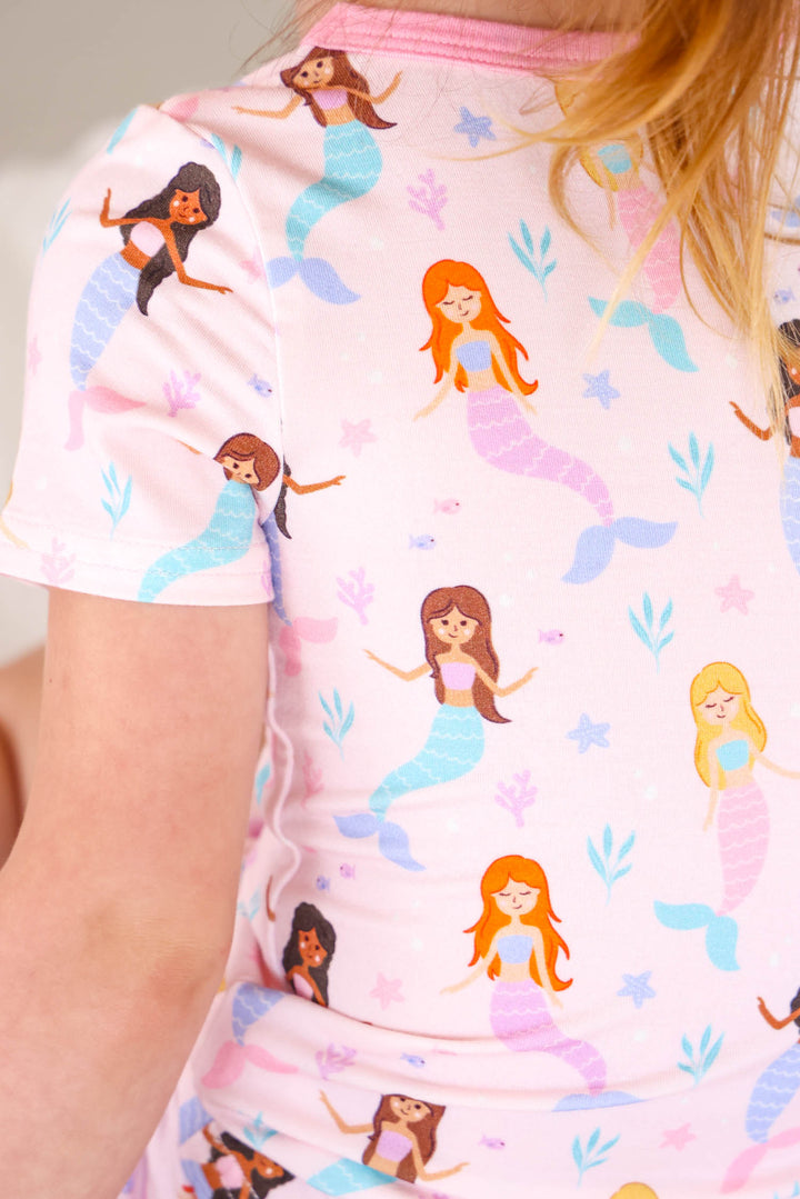 let's be mermaids bamboo pajama set flat lay showing mermaid print detail