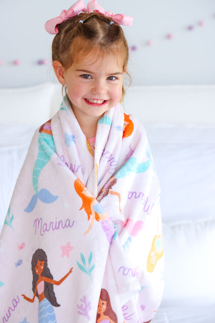 personalized let's be mermaids kids blanket with mermaid print and custom name
