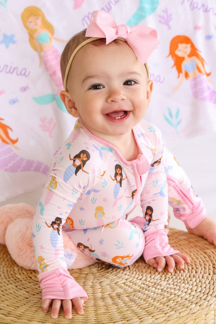 let's be mermaids convertible zip romper for babies in bamboo fabric