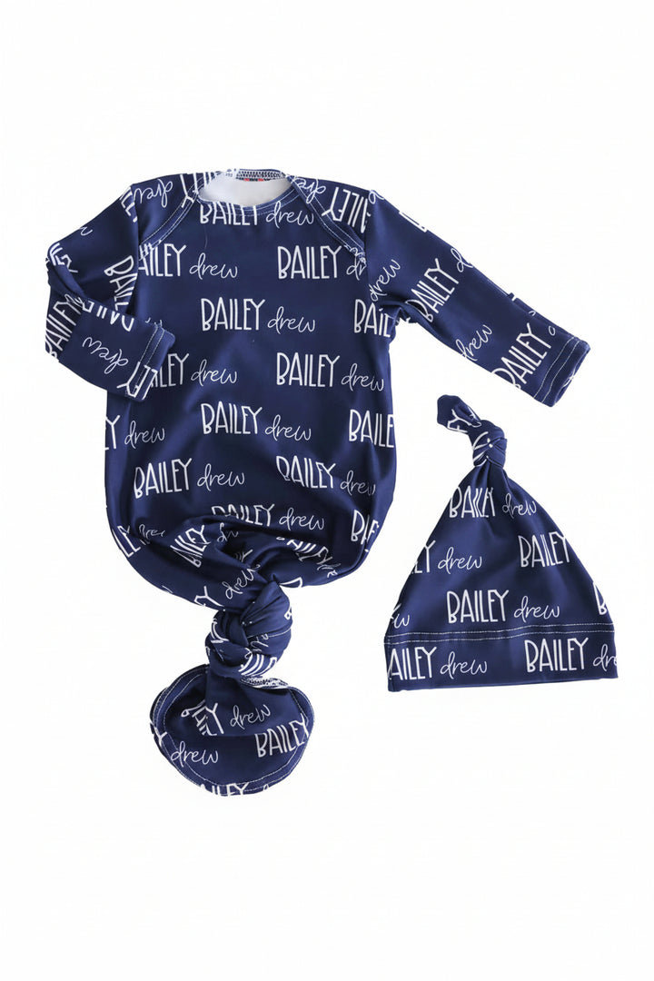 navy blue personalized knot gown for babies