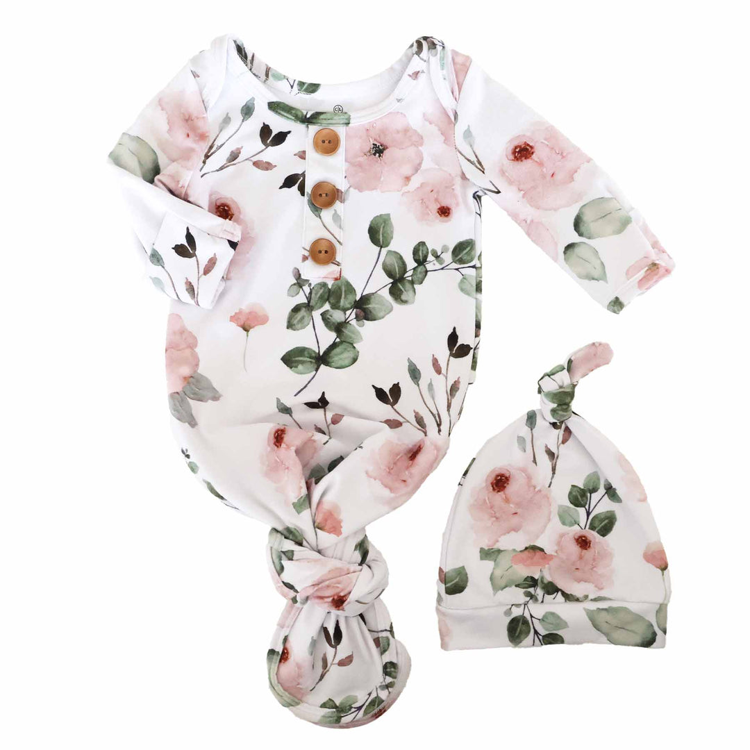 rose print babies knot gown with matching hat