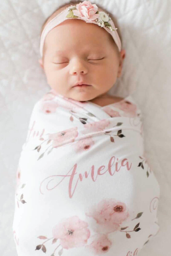 pink floral personalized swaddle blanket 