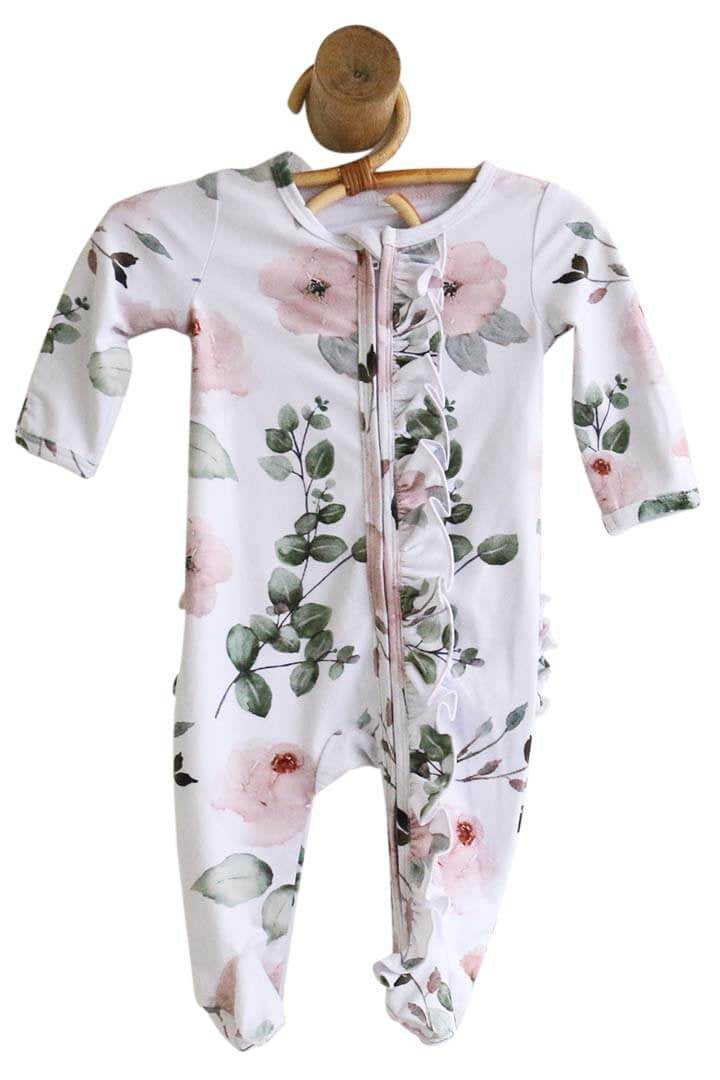 millie's dusty rose floral zipper ruffle footie