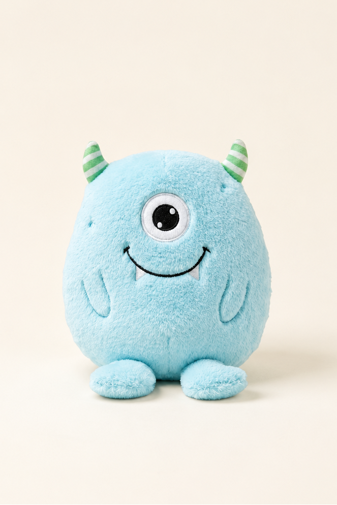 Product shot of a Caden Lane blue mini monster cuddle plush with one big eye, a toothy smile and green striped horns, set against a cream background.