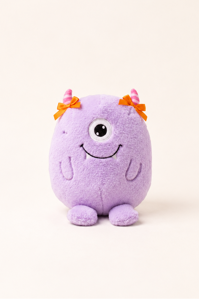 Product shot of a Caden Lane purple mini monster cuddle plush with one big eye, a toothy smile, pink horns and orange bows, set against a cream background.