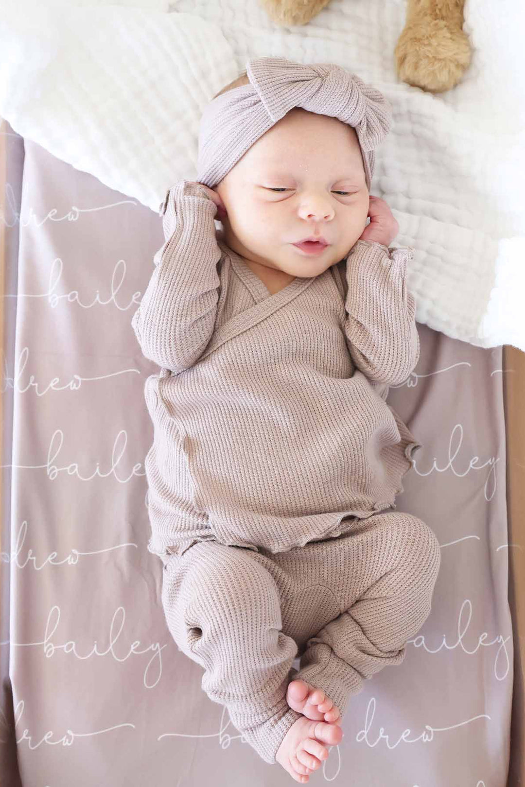 Baby girl wearing the mocha waffle crossover 2pc set 