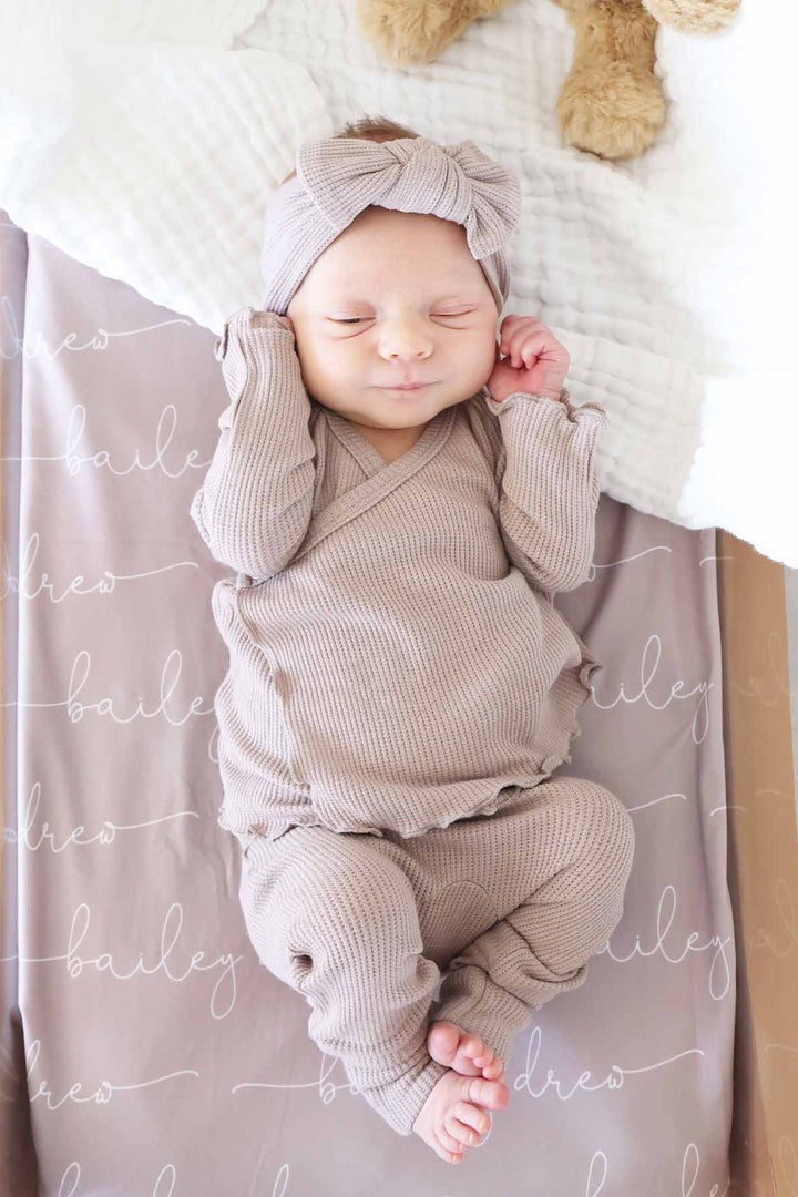 brown waffle crossover outfit for babies 
