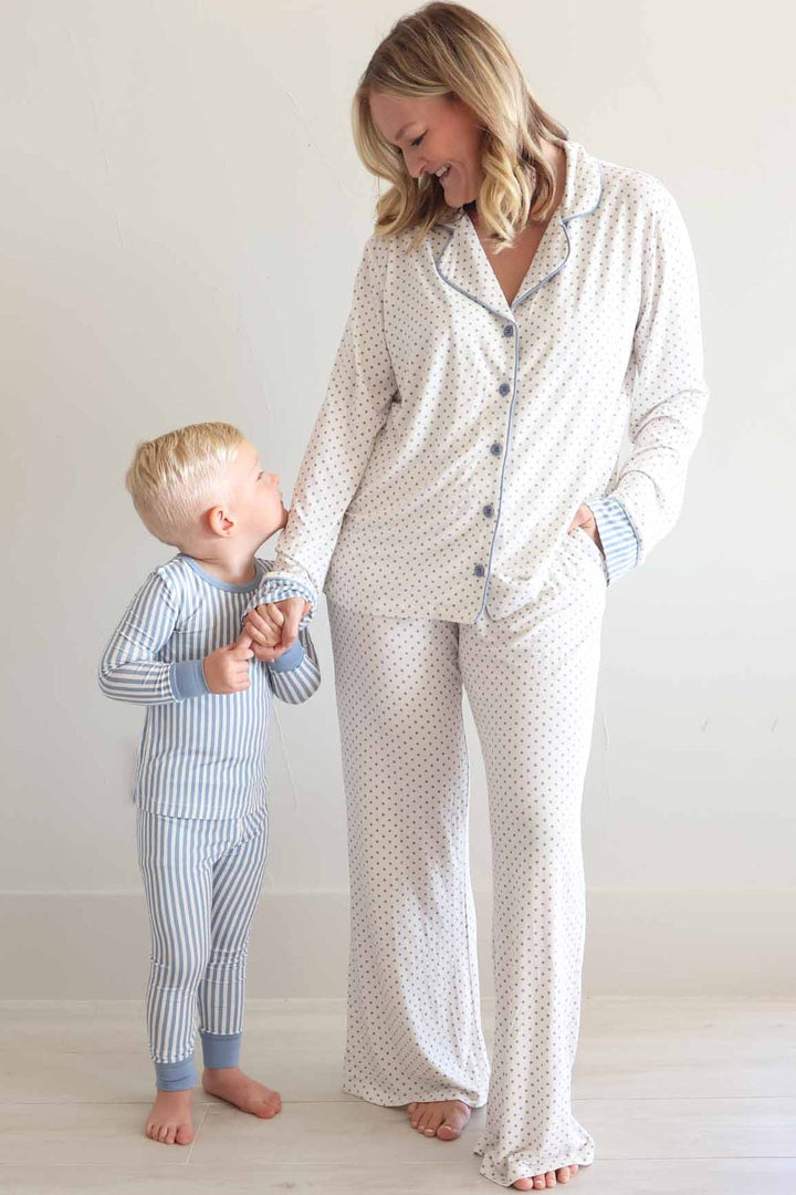 mom and son coordinating lounge and pajama sets with blue and white stripes for boys and white with blue polka dots for women