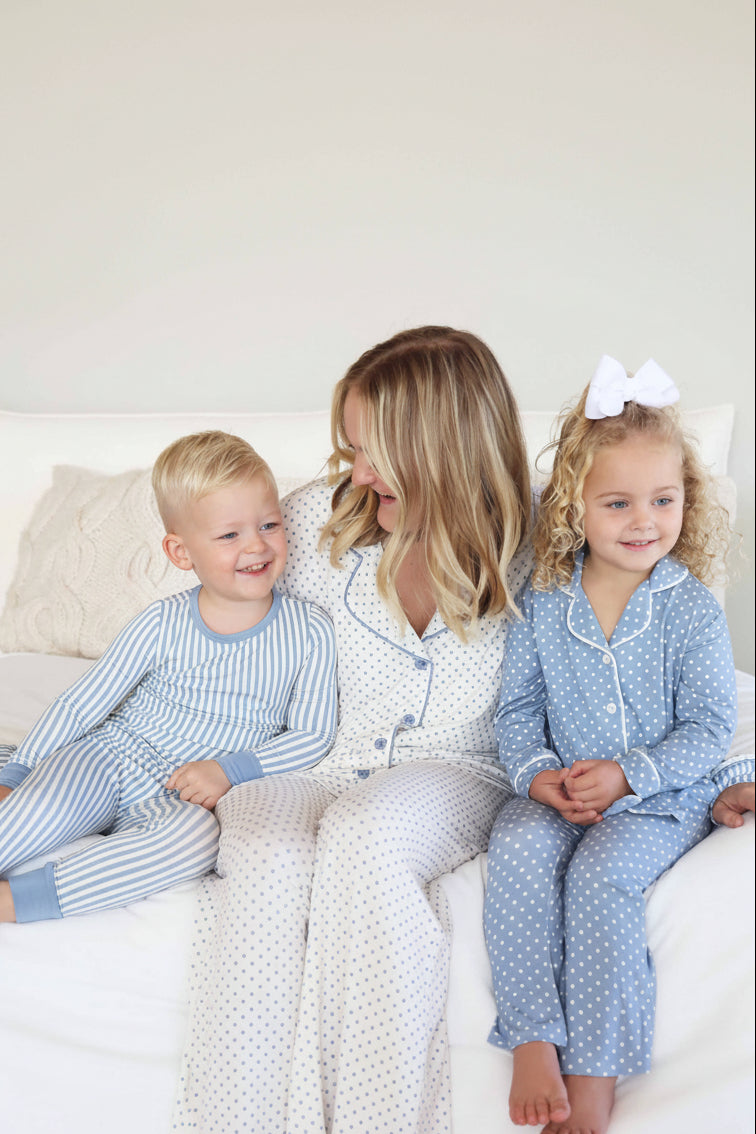 mom and kids matching pajama and lounge sets with polka dots and stripes 