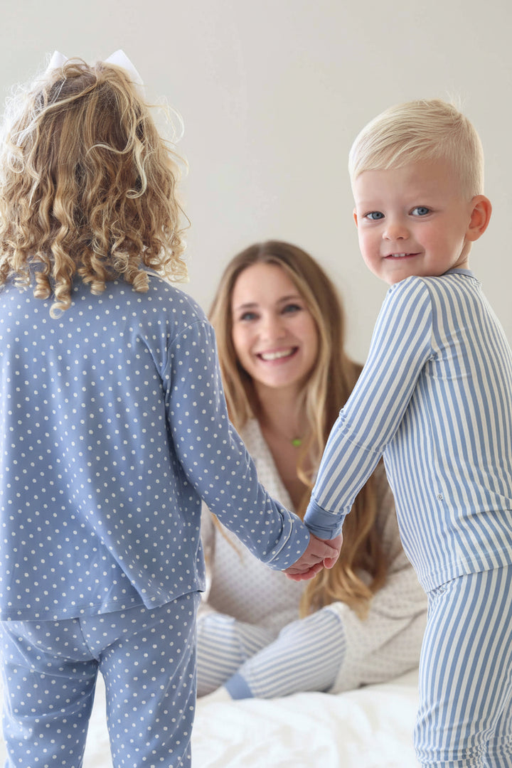 sibling matching pajamas and lounge sets with polka dots and stripes 