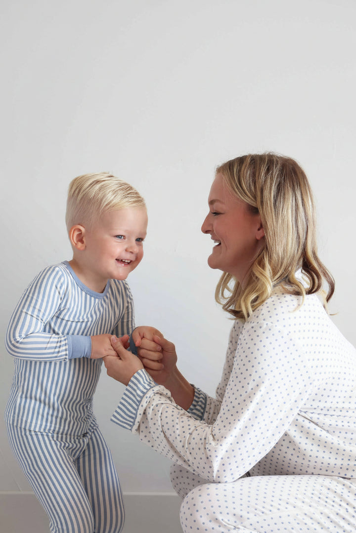 mom and son matching pajama and lounge set with polka dots and stripes in dusty blue and white 
