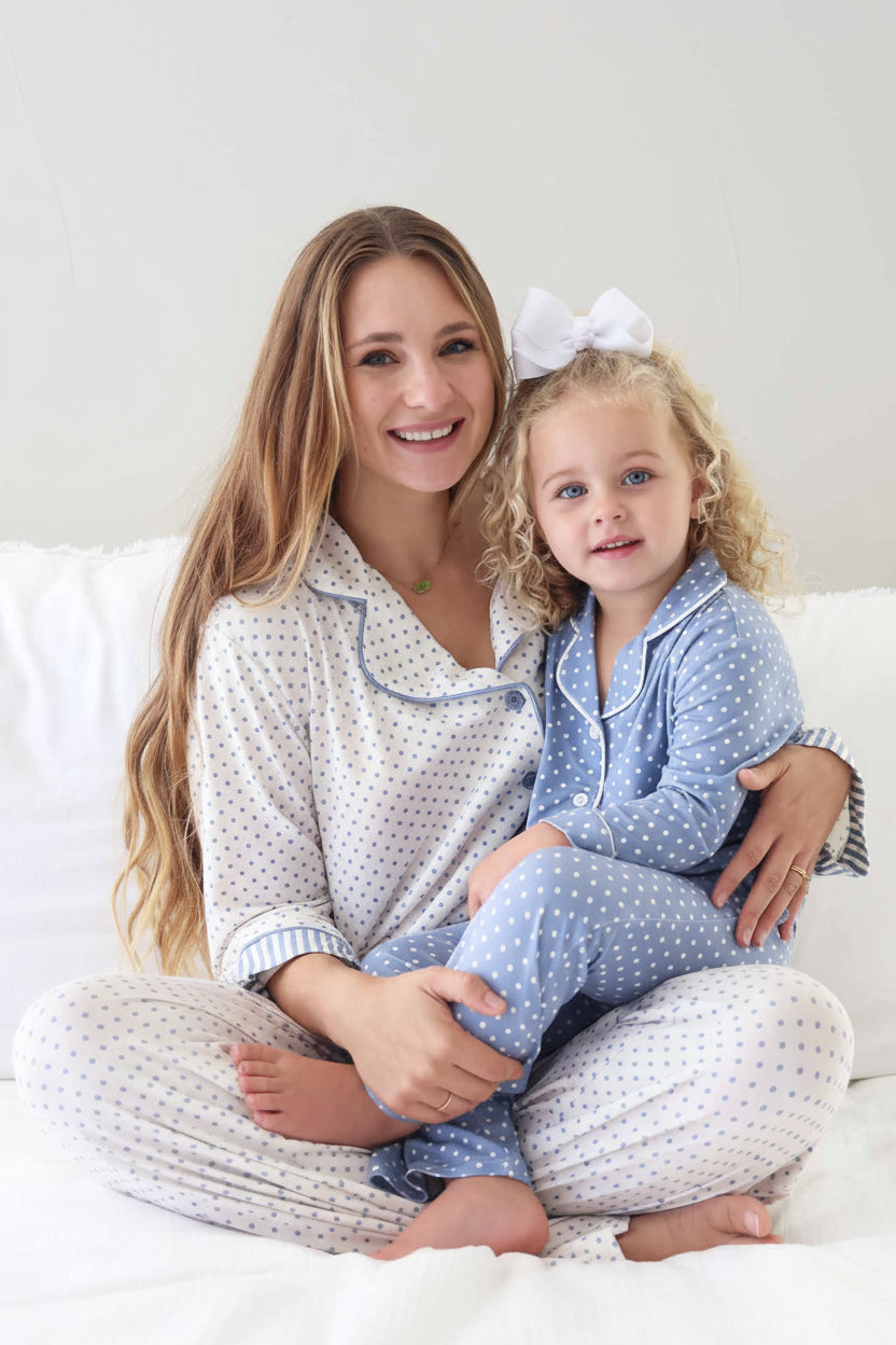 mom and daughter matching lounge sets with polka dots 