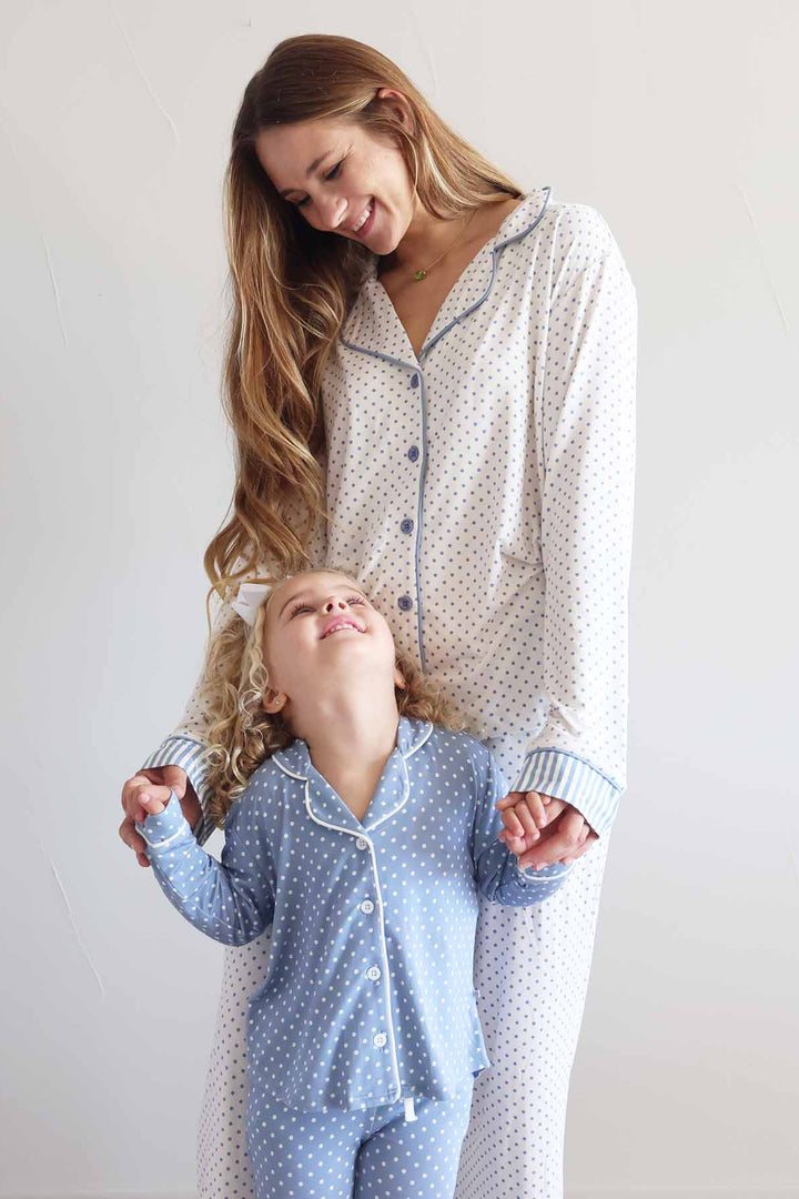 mommy and me matching bamboo viscose lounge sets with polka dots 